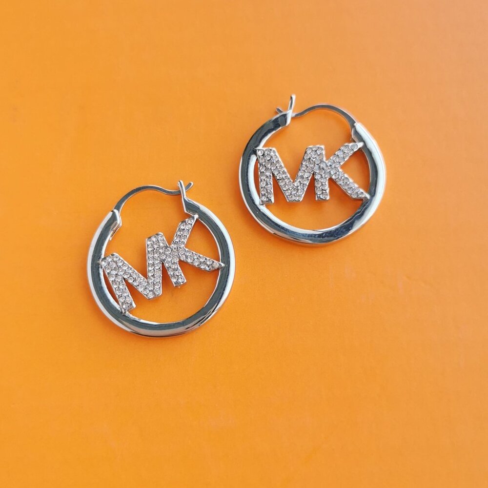 Michael Kors Pave Hollow Logo Hoop Earrings / Silver Plated